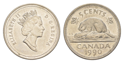 Канада 5 центов 1990 Елизавета II (1952-2022), бобр KM 182 медно-никель 4636-619