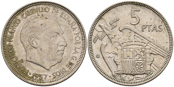 Испания 5 песет 1957 (59) Франсиско Франко (1939 - 1975) KM 786 медно-никель 4155-531