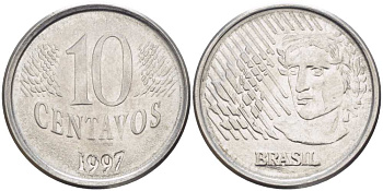 Бразилия 10 сентаво 1997 голова свободы KM 633 нержавеющая сталь 60-333