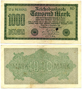 ГЕРМАНИЯ 1000 МАРОК 1922 15 СЕНТЯБРЯ 1922, ВОДЯНОЙ ЗНАК G, БЕЛАЯ БУМАГА Pick 76е бумага 7147-27-1