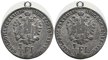 АВСТРО-ВЕНГРИЯ ЖЕТОН С КОЛЬЦОМ ДЛЯ НОСКИ ND 1/4 ФЛОРИНА 1859 белый металл 4389-713