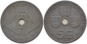 БЕЛЬГИЯ 5 САНТИМОВ 1942 BELGIE-BELGIQUE, ГЕРМАНСКАЯ ОККУПАЦИЯ, ВТОРАЯ МИРОВАЯ ВОЙНА KM 124 цинк 4546-132