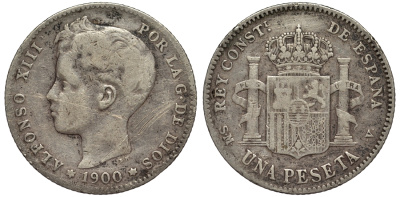 Испания 1 песета 1900 (00) SM-V, АЛЬФОНСО XIII (1886-1931) KM 706 (Y88) серебро 4566-633