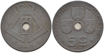 БЕЛЬГИЯ 5 САНТИМОВ 1942 BELGIE-BELGIQUE, ГЕРМАНСКАЯ ОККУПАЦИЯ, ВТОРАЯ МИРОВАЯ ВОЙНА KM 124 цинк 4546-132