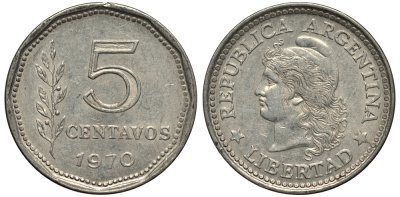 Аргентина 5 сентаво 1970 голова свободы влево KM 65 алюминий 4181-236