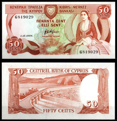Кипр 50 центов 1984 Pick 49 бумага UNC (пресс) 2198-30-2-2