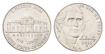 США 5 центов 2015 D, президент Джеферсон KM 381 медно-никель UNC 4705-815