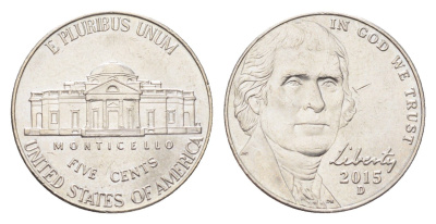 США 5 центов 2015 D, президент Джеферсон KM 381 медно-никель UNC 4705-815