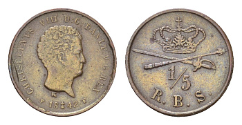 Дания 1/5 риксбанкскиллинга 1842 FF, Кристиан VIII (1839-1848) KM 723 (C118) медь 4549-856