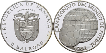Панама 5 бальбоа 1982 чемпионат мира по футболу в Испании 1982 года, мяч на фоне глобуса KM 77 серебро PROOF 02-208-31
