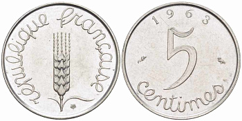 ФРАНЦИЯ 5 САНТИМОВ 1963 ПЯТАЯ РЕСПУБЛИКА KM 927, LE FRANC 124.5 хромированная сталь 105-429