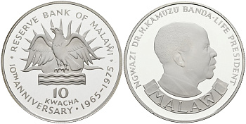 Малави 10 квача 1975 10 лет резервному банку (1965-1975), тираж 6870 экз. KM 14 серебро PROOF 1078-4-21