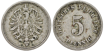 Германия 5 пфеннигов 1876 A, старогербовка KM 3, J. 3 медно-никель 51-3842
