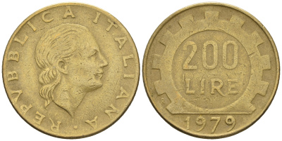 Италия 200 лир 1979 R, шестерня KM 105 алюминиевая бронза 85-417