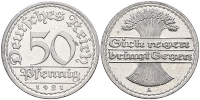 Германия 50 пфеннигов 1921 A KM 27, J.301, Weege 10 алюминий UNC 4584-841