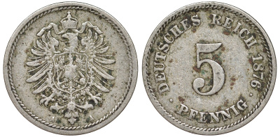 Германия 5 пфеннигов 1876 A, старогербовка KM 3, J. 3 медно-никель 51-3842