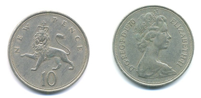 Великобритания 10 пенсов 1970 Елизавета II (1952-2022) KM 912, Spink 4231 (F1) медно-никель 3999-334