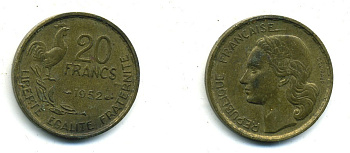 ФРАНЦИЯ 20 ФРАНКОВ 1952 KM 917.1 алюминиевая бронза 84-825