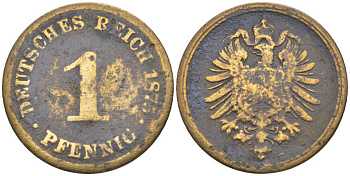 ГЕРМАНИЯ 1 ПФЕННИГ 1875 С, СТАРОГЕРБОВКА KM 1, Jager. 1, Weege 1 медь 4528-1059