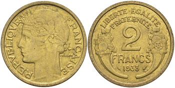 ФРАНЦИЯ 2 ФРАНКА 1938 ТИП MORLON KM 886, LE FRANC 268.11 алюминиевая бронза 69-1243