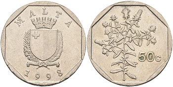 Мальта 50 центов 1998 девясил KM 98 медно-никель 92-645