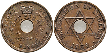 Нигерия 1 пенни 1959 Елизавета II (1952-), Британский протекторат KM 2 бронза 51-1824