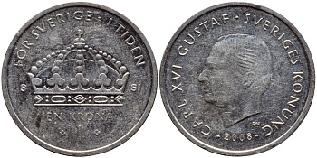 Швеция 1 крона 2008 Карл XVI Густав (1973- ) KM 894 медно-никель 87-537