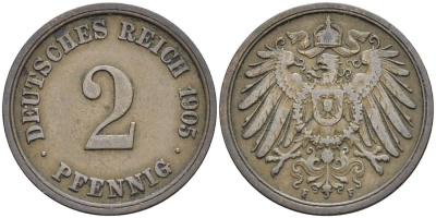 ГЕРМАНИЯ 2 ПФЕННИГА 1905 F KM 16, Jager 11, Weege 4 медь 4546-627