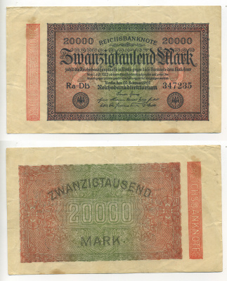 ГЕРМАНИЯ 20000 МАРОК 1923 20 ФЕВРАЛЯ 1923, ВОДЯНОЙ F Pick 85e бумага 6317-30-2