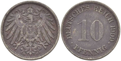 ГЕРМАНИЯ 10 ПФЕННИГОВ 1909 G KM 12, J. 13 медно-никель 31-932