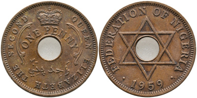 Нигерия 1 пенни 1959 Елизавета II (1952-), Британский протекторат KM 2 бронза 51-1824