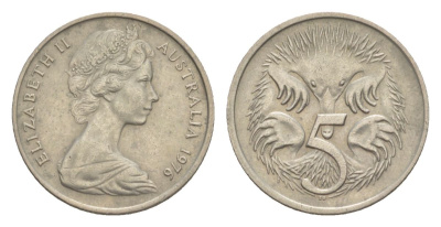 Австралия 5 центов 1976 королева Елизавета II (1952-2022), ехидна KM 64 медно-никель 4632-136