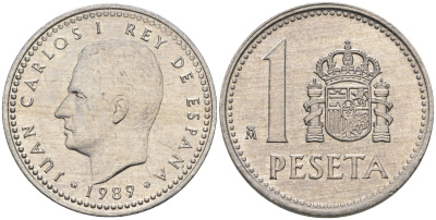 Испания 1 песета 1989 M, Хуан Карлос I (1975-2014) KM 821 алюминий 4448-944