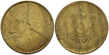 Бельгия 5 франков 1986 Belgie, Бодуэн I (1951-1993) KM 164 алюминиевая бронза 4601-244