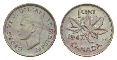 Канада 1 цент 1947 Leaf, Георг VI (1936-1952), кленовый лист KM 32 бронза 4639-264