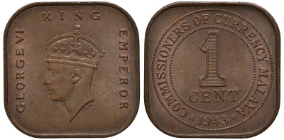 Британская Малайя 1 цент 1943 Георг VI (1937-1952) KM 6 бронза 4563-212