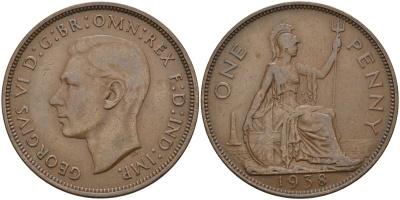 Великобритания 1 пенни 1938 Георг VI (1936-1952) KM 845, Spink 4114 бронза 4149-742
