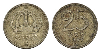 Швеция 25 эре 1949 TS, Густав V (1907-1950) KM 816 серебро 4702-354