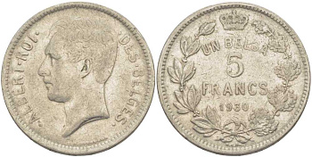 БЕЛЬГИЯ 5 ФРАНКОВ 1930 АЛЬБЕРТ I, DES BELGES KM 97.1 никель 3851-121