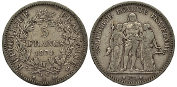 Франция 5 франков 1874 А, Геракл с богинями равенства и братства KM 820.1 серебро    1530-1021