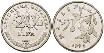 Хорватия 20 лип 1993 олива, легенда на хорватском KM 7 сталь плакированная никелем 66-528