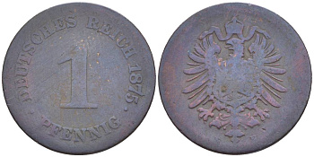 ГЕРМАНИЯ 1 ПФЕННИГ 1875 Е, СТАРОГЕРБОВКА KM 1, Jager. 1, Weege 1 медь 4528-1058
