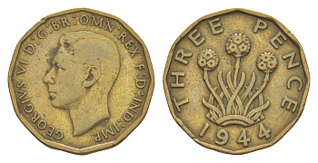 Великобритания 3 пенса 1944 Георг VI (1936-1952) KM 849, Spink 4112 никель латунь 4643-847