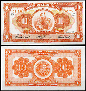 Перу 10 солей 1956 сидящая свобода, Giesecke & Devrient, серия M1 Pick 77  бумага  UNC (пресс) 451-806-2