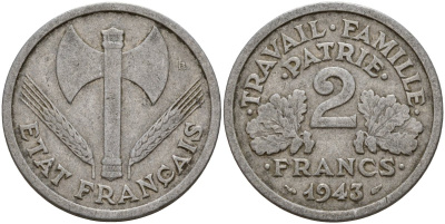 Франция 2 франка 1943 правительство Виши KM 904.1 алюминий 4156-715