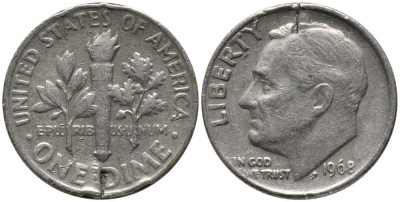 США 10 ЦЕНТОВ = 1 ДАЙМ 1968 РУЗВЕЛЬТ KM 195а медь плакированная медно-никелем 112-654