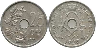 БЕЛЬГИЯ 25 САНТИМОВ 1926/3 BELGIQUE KM 68.1 медно-никель 87-1341