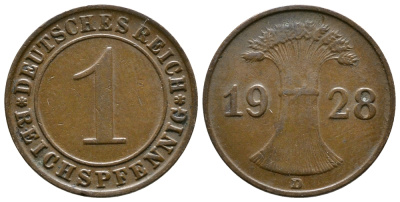ГЕРМАНИЯ 1 РЕЙХСПФЕННИГ 1928 D KM 37, J.313 бронза 4380-1149