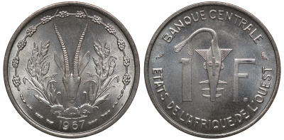 Западно-Африканские штаты 1 франк 1967 KM 3.1 алюминий UNC M51-02