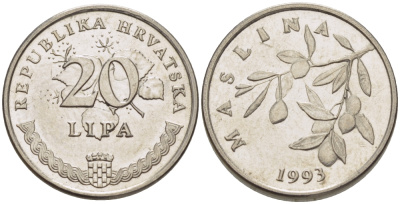 Хорватия 20 лип 1993 олива, легенда на хорватском KM 7 сталь плакированная никелем 66-528